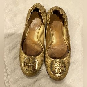 Tory Burch gold metallic snakeskin flats